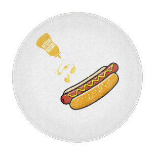Süßer Hot Dog und Senfglas Schneidebrett