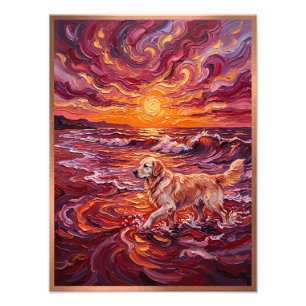 Süßer Hund, der auf dem goldenen Sonnenuntergangss Fotodruck