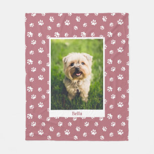 Süßer Hund Foto Name Weiße Pfotenabdrücke Roségold Fleecedecke