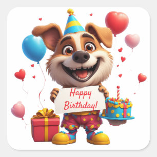 Süßer Hund Geburtstag Mit Geschenk Und Schild 🐶 Quadratischer Aufkleber