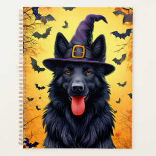 Süßer Hund in einer Halloween-Szene mit Kürbissen Planer