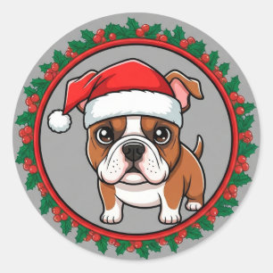 Süßer Hund in festlichem Weihnachtskranz Runder Aufkleber