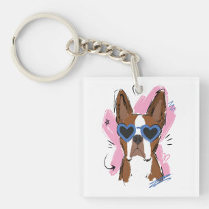 Süßer Hund mit blauer Herz-Sonnenbrille auf rosa H Schlüsselanhänger