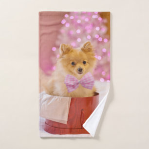 Süßer Hund mit rosa Schleife Weihnachtsfotografie Handtuch