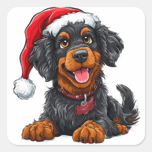 Süßer Hund mit Weihnachtsmannmütze feiert Weihnach Quadratischer Aufkleber