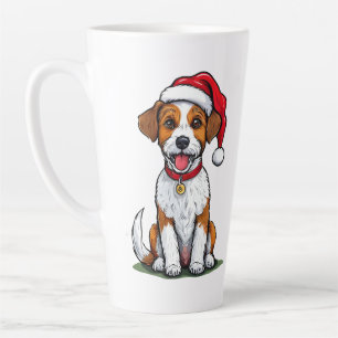 Süßer Hund mit Weihnachtsmannmütze sitzend und läc Milchtasse
