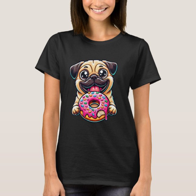 Süßer Hund Pug isst Donut T-Shirt (Vorderseite)