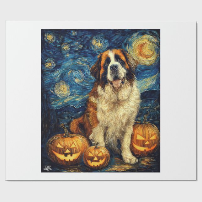 Süßer Hund Saint Bernard Halloween Jack O Lantern  Geschenkpapier (Flach)