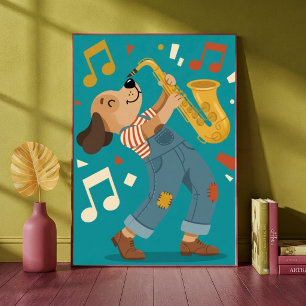 Süßer Hund spielt Saxophon Jazz-Musik Kinderkinder Poster