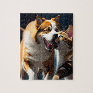 Süßer Hund und Katze spielen Puzzle