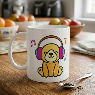 Süßer Hund Welpe lächelnd mit farbenfrohen Kopfhör Kaffeetasse