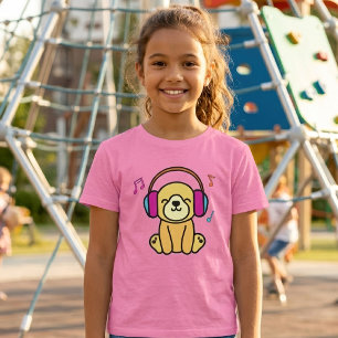 Süßer Hund Welpe lächelnd mit farbenfrohen Kopfhör T-Shirt