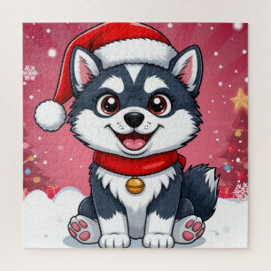 Süßer Husky-Hund mit Weihnachtsmannmütze im Schnee Puzzle