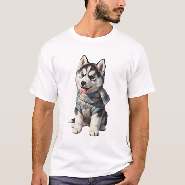 Süßer Husky-Welpe im Winterpullover T-Shirt (Vorderseite)