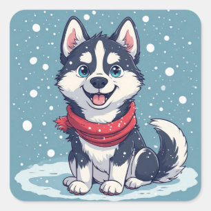 Süßer Husky-Welpe mit rotem Schal im Winterschnee Quadratischer Aufkleber