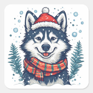 Süßer Husky-Welpe mit Weihnachtsmannmütze im Schne Quadratischer Aufkleber