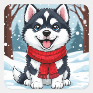 Süßer Husky-Welpe sitzt in einer schneebedeckten W Quadratischer Aufkleber