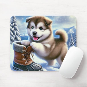 Süßer Husky-Welpe spielt in schneelandschaftlicher Mousepad