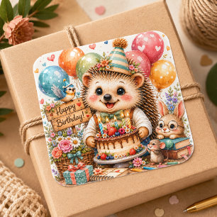 Süßer Igel Alles Gute zum Geburtstag Wald Freunde Quadratischer Aufkleber