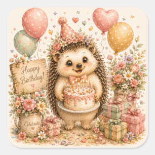 Süßer Igel Glücklicher Geburtstag Kuchen Ballons C Quadratischer Aufkleber