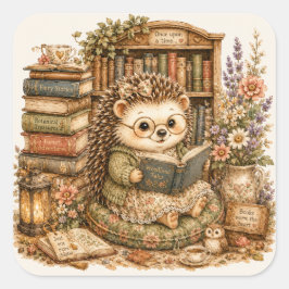 Süßer Igel liest Buch in der Bibliothek Cottagecor Quadratischer Aufkleber