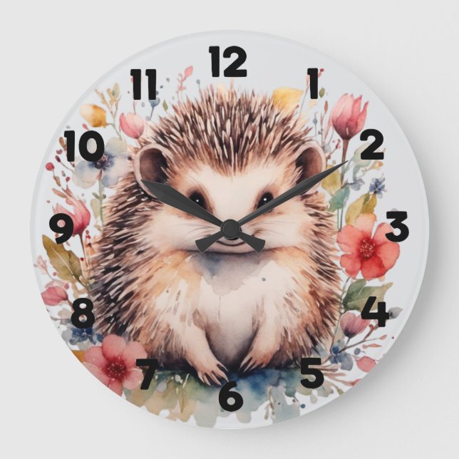 Süßer Igel mit Frühlingsblumen Große Wanduhr (Vorderseite)