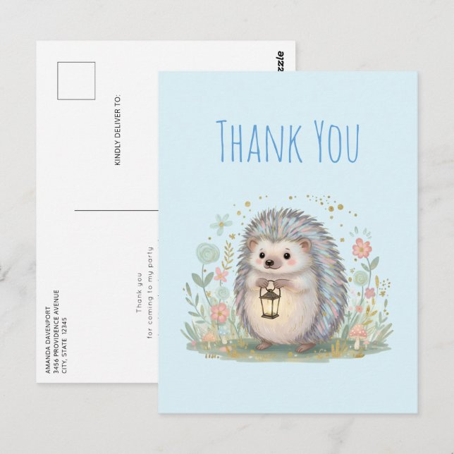 Süßer Igel mit Laterne Danke Postkarte (Vorne/Hinten)