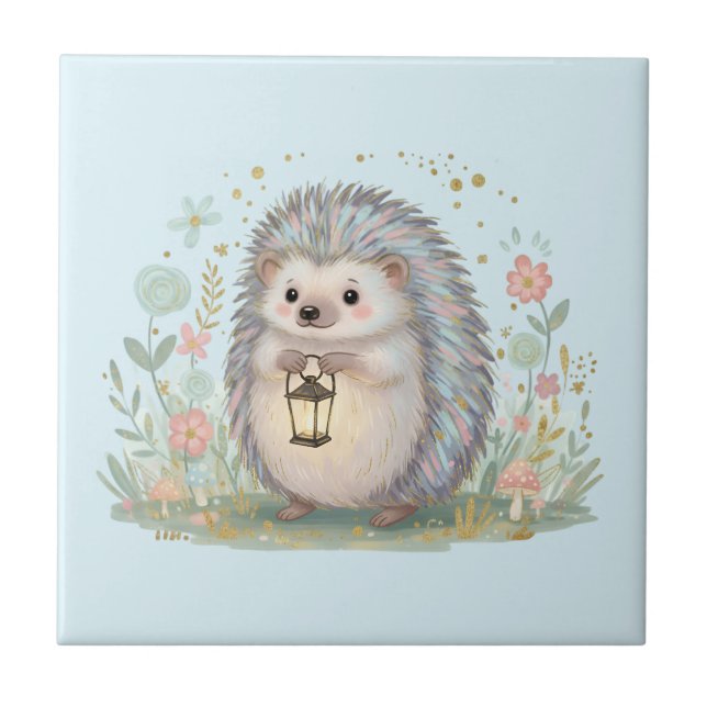 Süßer Igel mit Laterne Fliese (Vorderseite)