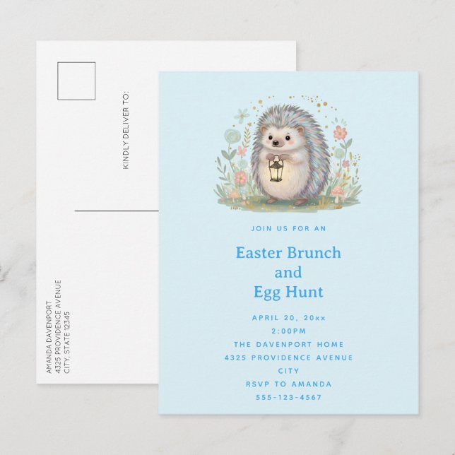 Süßer Igel mit Laterne Ostern Einladungspostkarte (Vorne/Hinten)