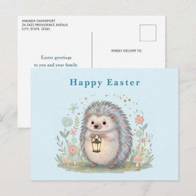 Süßer Igel mit Laterne Ostern Feiertagspostkarte (Vorne/Hinten)
