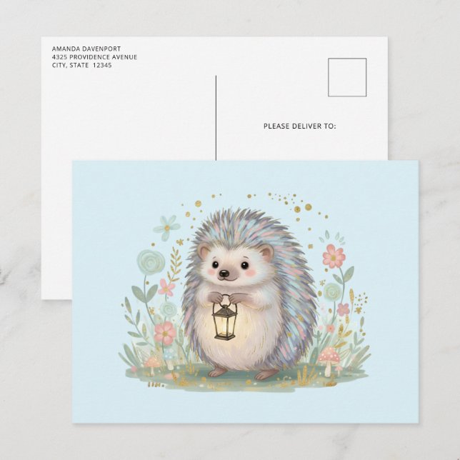 Süßer Igel mit Laterne Postkarte (Vorne/Hinten)