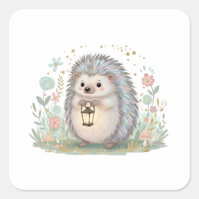 Süßer Igel mit Laterne Quadratischer Aufkleber (Vorderseite)