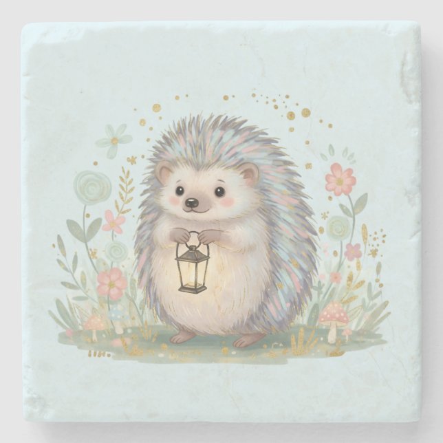 Süßer Igel mit Laterne Steinuntersetzer (Vorderseite)