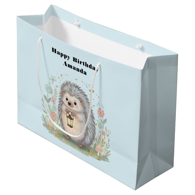 Süßer Igel mit Laterne zum Geburtstag Große Geschenktüte (Vorderseite Schrägansicht)