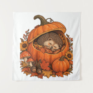 Süßer Igel schlafender Kürbis gemütlicher Herbst Wandteppich