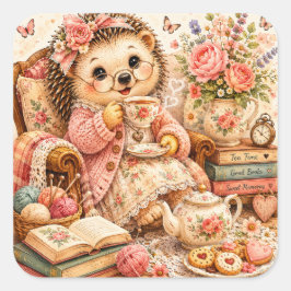 Süßer Igel Teezeit Strick Cottagecore  Quadratischer Aufkleber