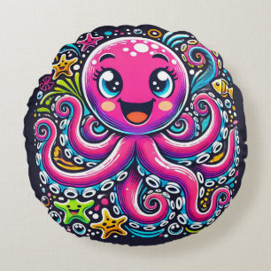 Süßer illustrierter Oktopus mit farbenfrohen Fisch Rundes Kissen
