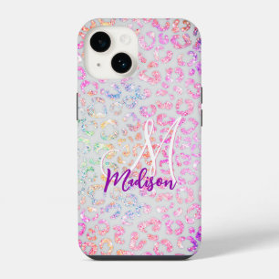 Süßer, irisierender Tierdruck-Glitter-Monogramm iPhone 14 Hülle