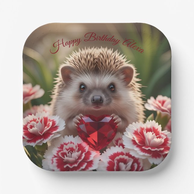 Süßer Januar-Igel mit Granat-Herz Pappteller (Vorderseite)