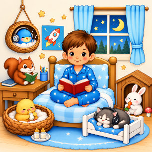 Süßer Junge beim Lesen Waldtiere-Nursery-Poster Poster