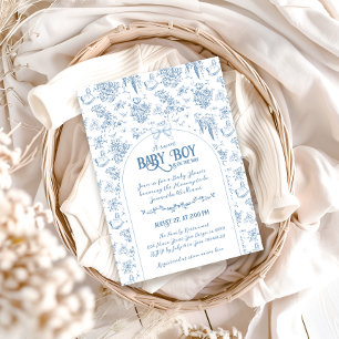 Süßer Junge Dusty Blue Whimsical Blumen Baby-Party Einladung