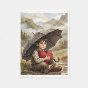 Süßer Junge hält roten Herzschirm Regen-Fleece-Dec Fleecedecke