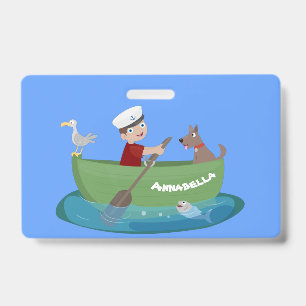 Süßer Junge Matrose und Hund rudern Boot Cartoon Ausweis