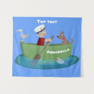 Süßer Junge Matrose und Hund rudern Boot Cartoon Wandteppich