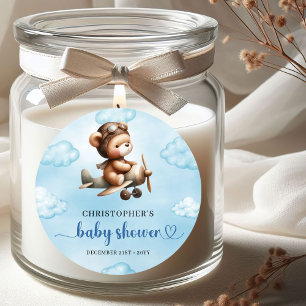 Süßer Jungen-Baby-Shower-Teddy-Pilot-Flugzeug-Aufk Runder Aufkleber