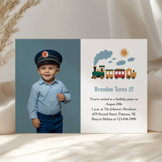 Süßer Jungen-Zug-Foto-Kinder zum 2. Geburtstag Einladung