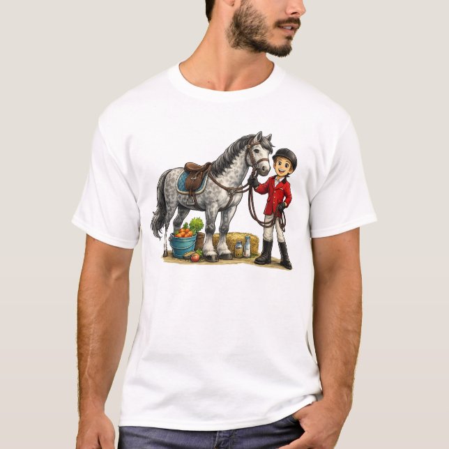 Süßer junger Reiter mit Dapple-Grau-Pferd-Kunst T-Shirt (Vorderseite)