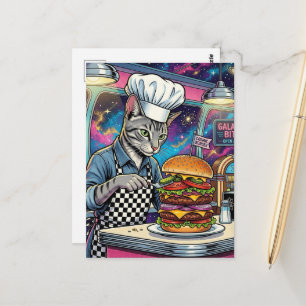 Süßer Katzenkoch macht Cheeseburger im Space Diner Postkarte