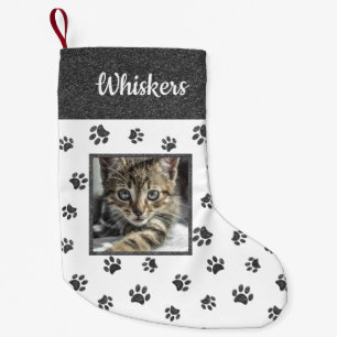 Süßer Katzenname Foto Silber Glitter Pfotenabdrück Kleiner Weihnachtsstrumpf