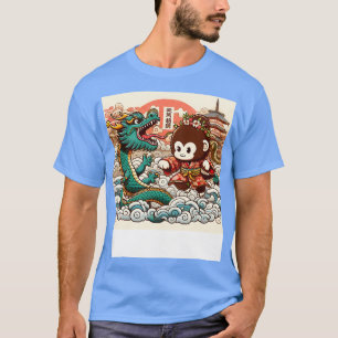 Süßer Kawaii-Affe gegen Drachen in Japan Pagode Kl T-Shirt